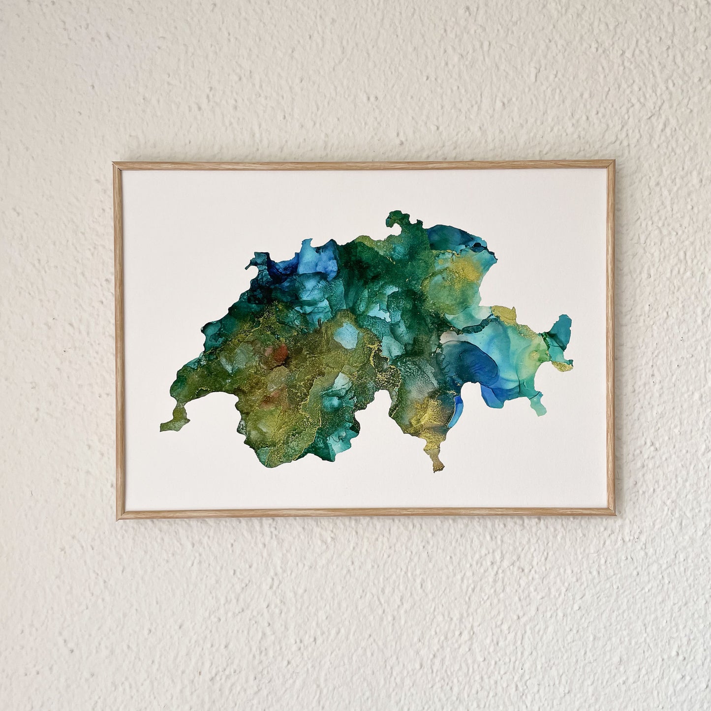 Bring a touch of Swiss serenity to your space with this unique souvenir: A Giclee Print of an Abstract Ink Painting in the Shape of Switzerland, ideal for those seeking a Swiss-themed gift.