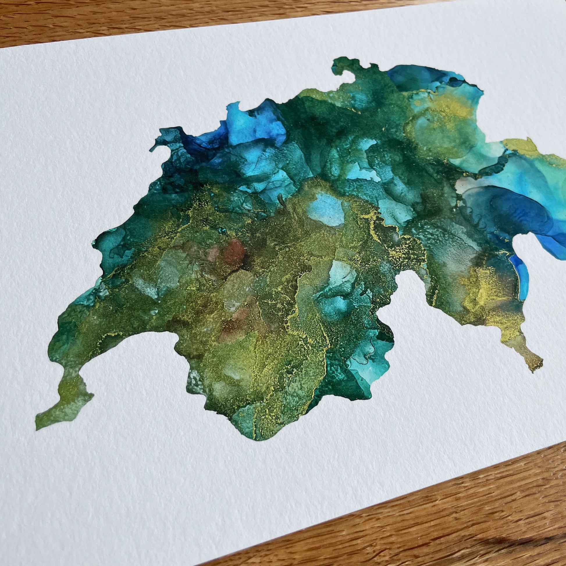 A thoughtful reminder of home: A Giclee Print of an Abstract Ink Painting in the Shape of Switzerland, perfect for homesick students studying abroad in Switzerland.