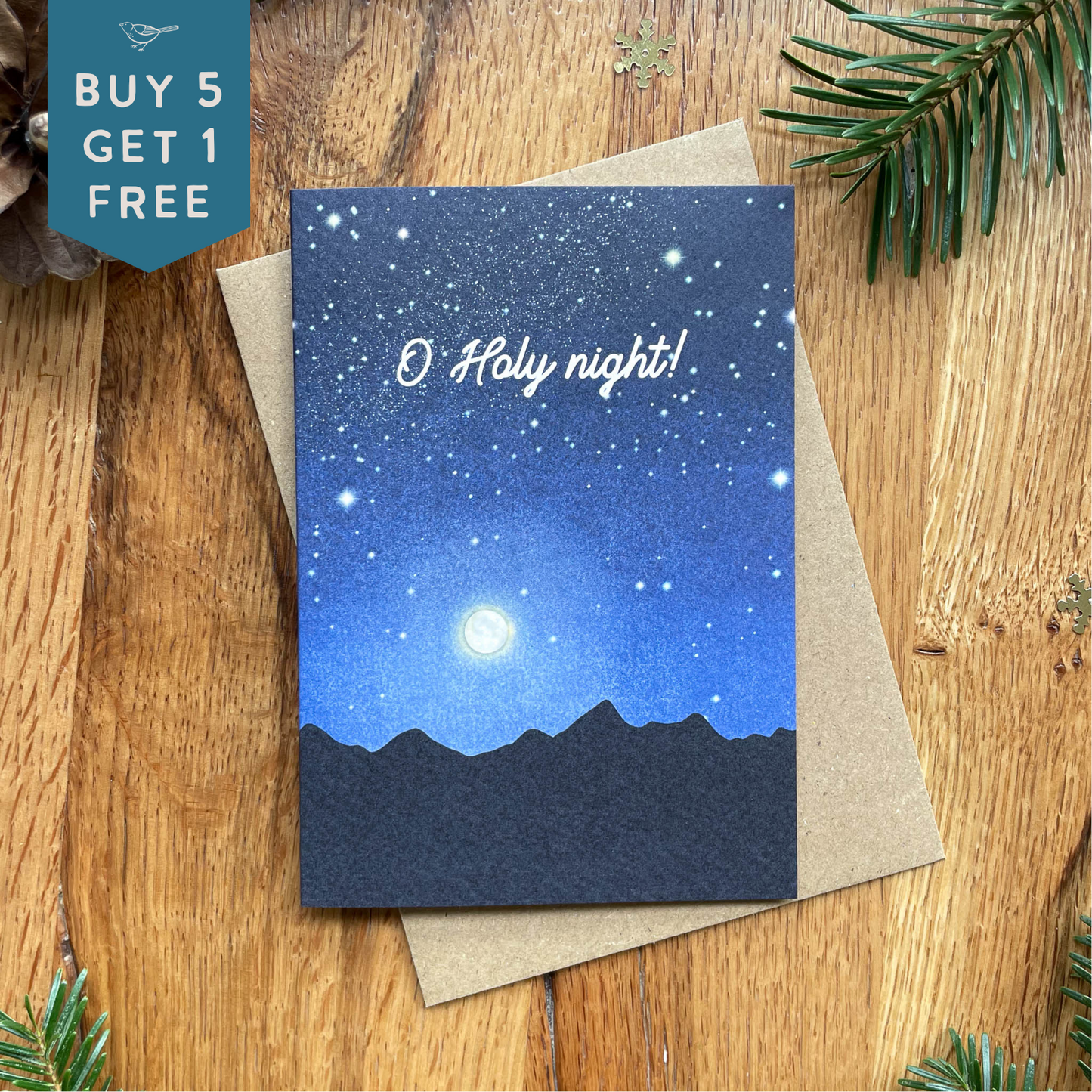 O Holy Night Christmas Carol Card featuring a Full Moon