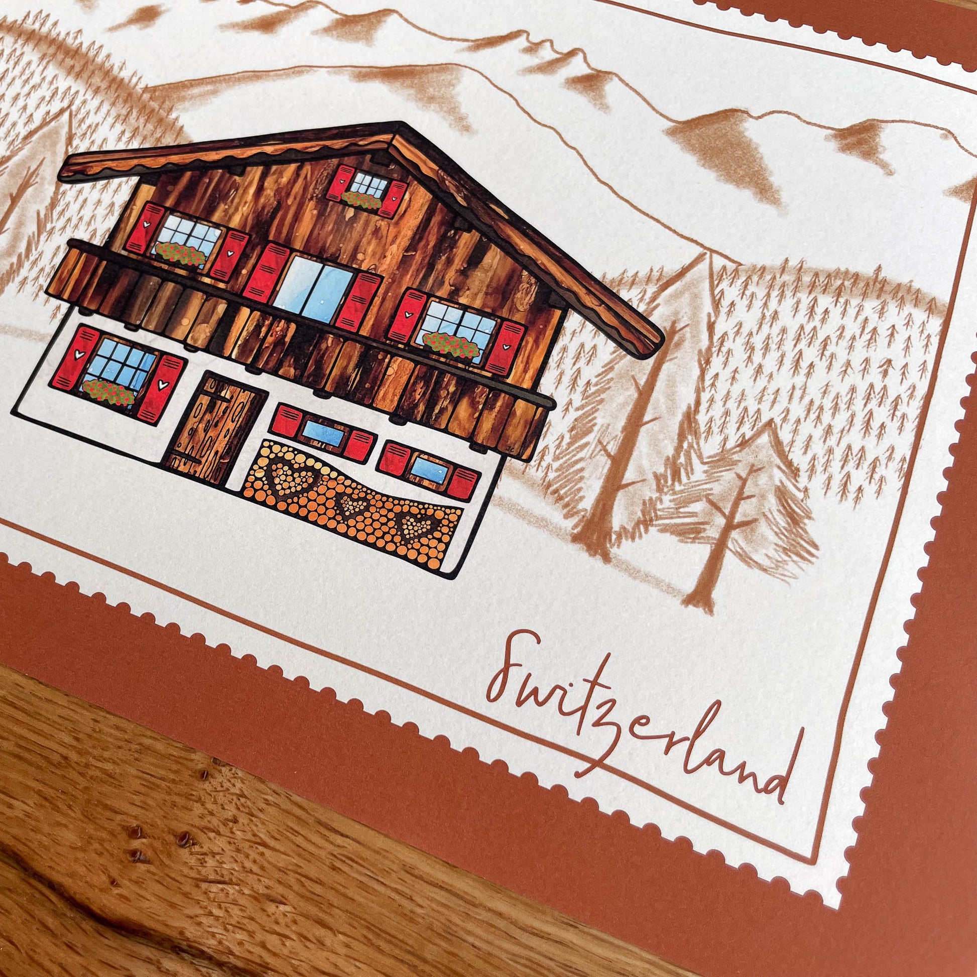 Hiking enthusiasts will love this Chalet Dreams print, capturing the magic of the Swiss Alps.