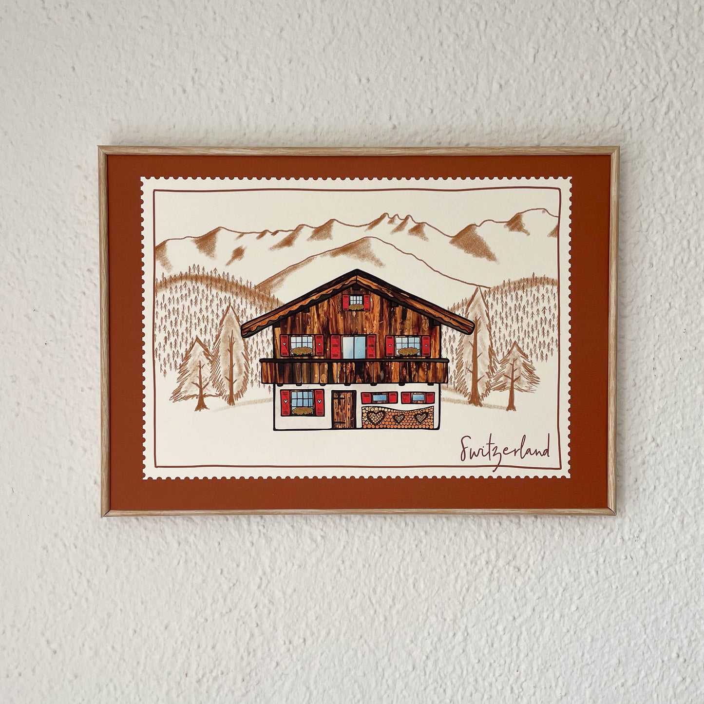 Thoughtful gift idea: Chalet Dreams print showcasing the breathtaking beauty of the Swiss Alps, ideal for Swiss expats missing their homeland.