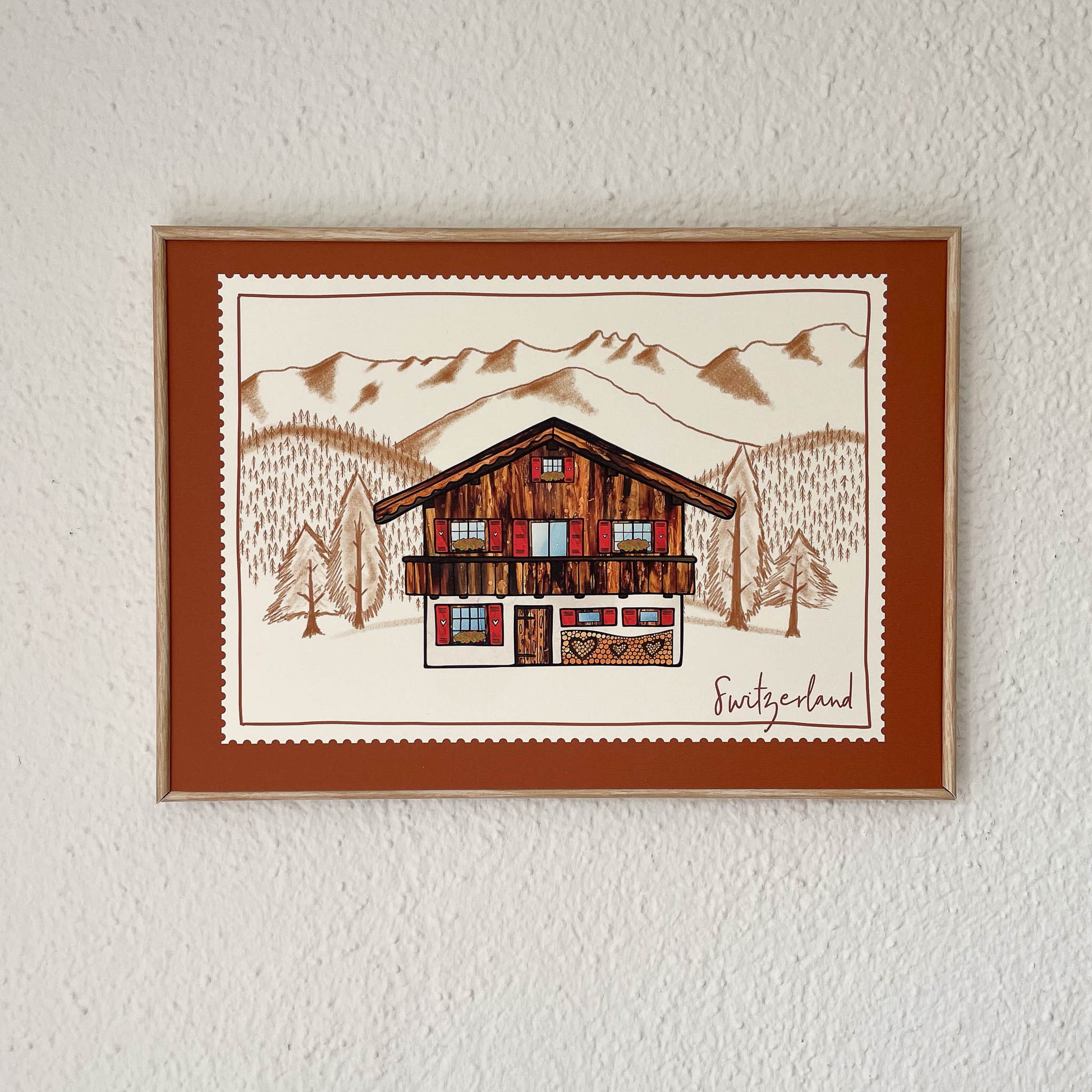 Thoughtful gift idea: Chalet Dreams print showcasing the breathtaking beauty of the Swiss Alps, ideal for Swiss expats missing their homeland.